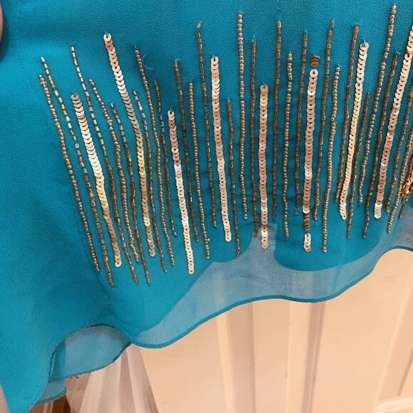 Cache NWT Aqua With Gold Beaded Sequin Chiffon Cocktail Dress Size 10 - Picture 6 of 15